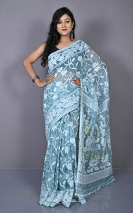 Sholapuri Work Jamdani Saree in Grey Blue, Off White and Golden