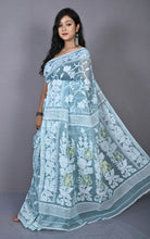 Sholapuri Work Jamdani Saree in Grey Blue, Off White and Golden