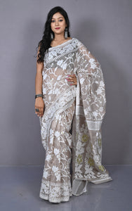 Sholapuri Work Jamdani Saree in Greige, Off White and Golden