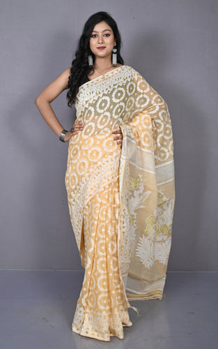 Sholapuri Work Jamdani Saree Desert Sand Beige and Off White