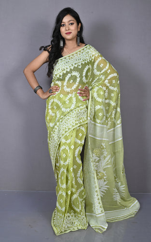 Sholapuri Work Jamdani Saree Light Olive and Off White