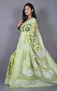 Sholapuri Work Jamdani Saree Light Olive and Off White