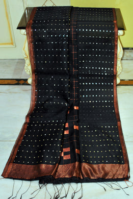 Designer Sitara Work Skirt Border Muslin Silk Saree in Black, SIlver and Copper