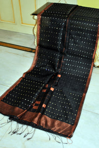 Designer Sitara Work Skirt Border Muslin Silk Saree in Black, SIlver and Copper
