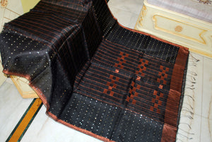Designer Sitara Work Skirt Border Muslin Silk Saree in Black, SIlver and Copper