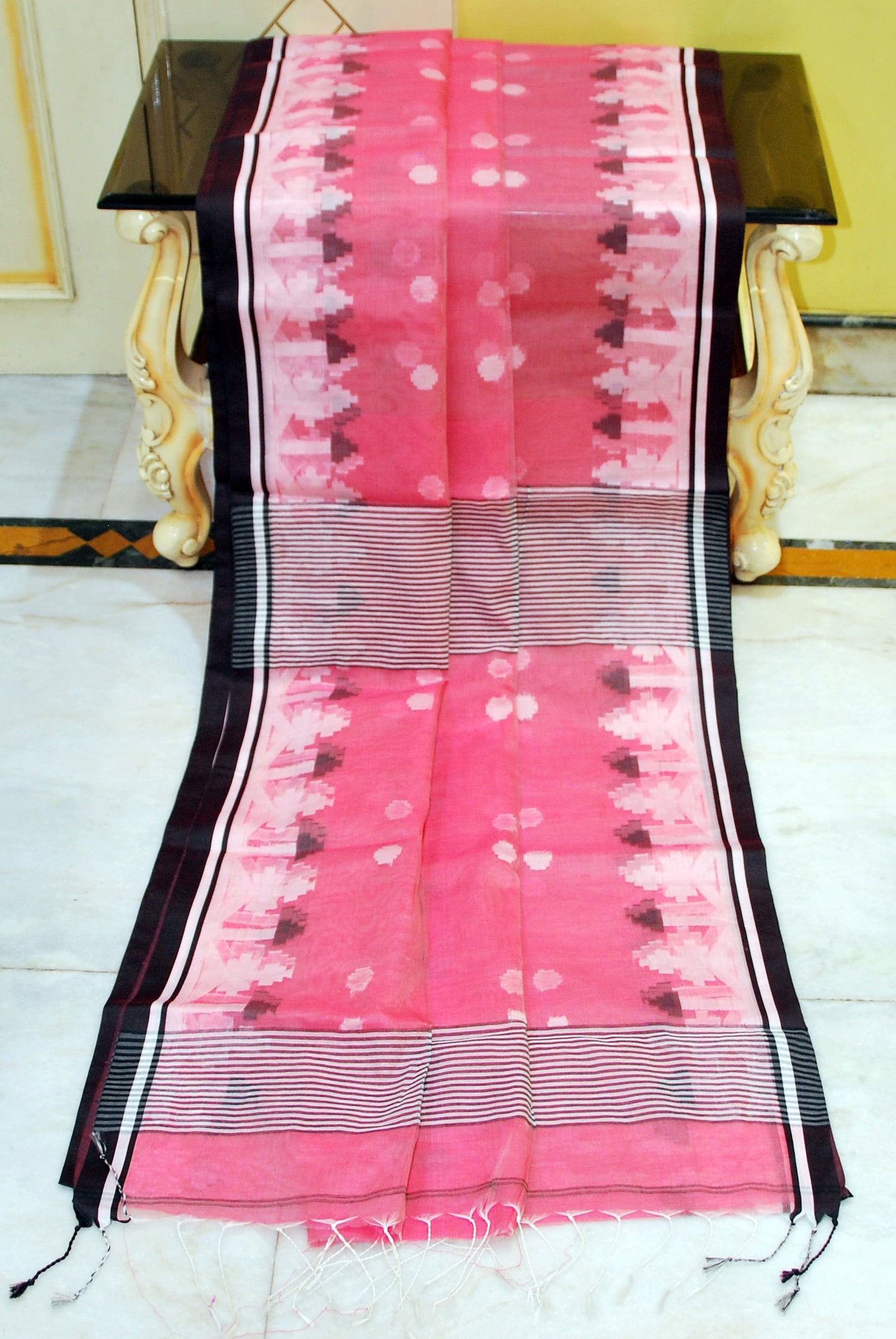 Sholapuri Thread Work Soft Resham Jamdani Silk Saree in Peach Pink, Black and Off White