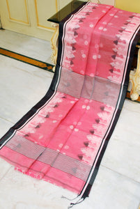 Sholapuri Thread Work Soft Resham Jamdani Silk Saree in Peach Pink, Black and Off White