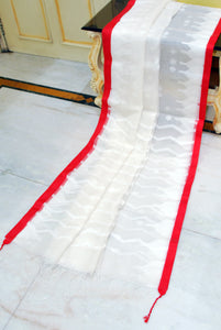 Sholapuri Thread Work Soft Resham Jamdani Silk Saree in Off White, White and Red