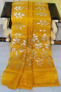 Soft Muslin Silk Jamdani Saree in Honey Yellow and Silver Zari Work