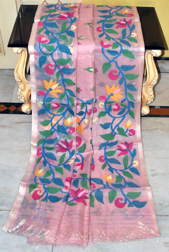 Premium Hand Woven Broad Border Nakshi Work Muslin Silk Dhakai Jamdani Saree in Cotton Pink, Blue and Multicolored Minakari Thread Work