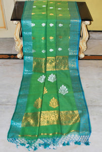 Soft Muslin Silk Banarasi Saree in Cool Green, Firoza, Golden and Silver Zari Work