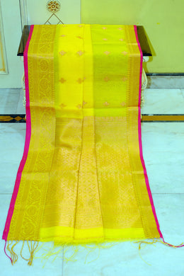 Soft Muslin Silk Banarasi Saree in Yellow, Hot Pink and Antique Golden Zari Work