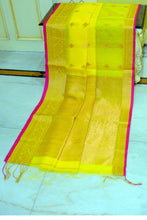 Soft Muslin Silk Banarasi Saree in Yellow, Hot Pink and Antique Golden Zari Work