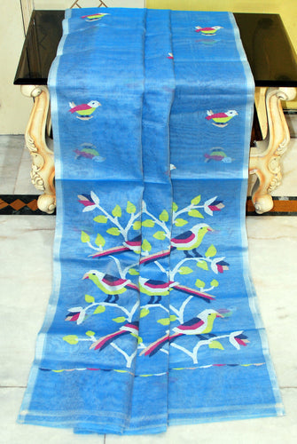 Muniya Woven Motif Silk Muslin Jamdani Saree in Ice Blue, Off White and Multicolored Thread Work