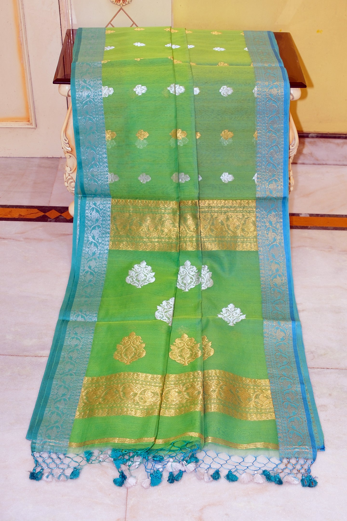Soft Muslin Silk Banarasi Saree in Turtle Green, Glacier Blue, Golden and Silver Zari Work