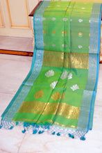 Soft Muslin Silk Banarasi Saree in Turtle Green, Glacier Blue, Golden and Silver Zari Work