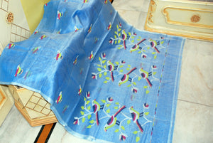 Muniya Woven Motif Silk Muslin Jamdani Saree in Ice Blue, Off White and Multicolored Thread Work