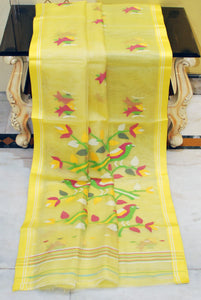 Muniya Woven Motif Silk Muslin Jamdani Saree in Pastel Yellow, Hot Pink and Multicolored Thread Work