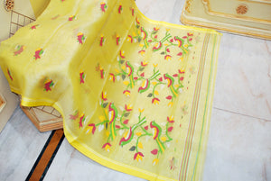 Muniya Woven Motif Silk Muslin Jamdani Saree in Pastel Yellow, Hot Pink and Multicolored Thread Work