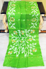 Muslin Silk Jamdani Saree in Bright Green, Off White and Beige Thread Work