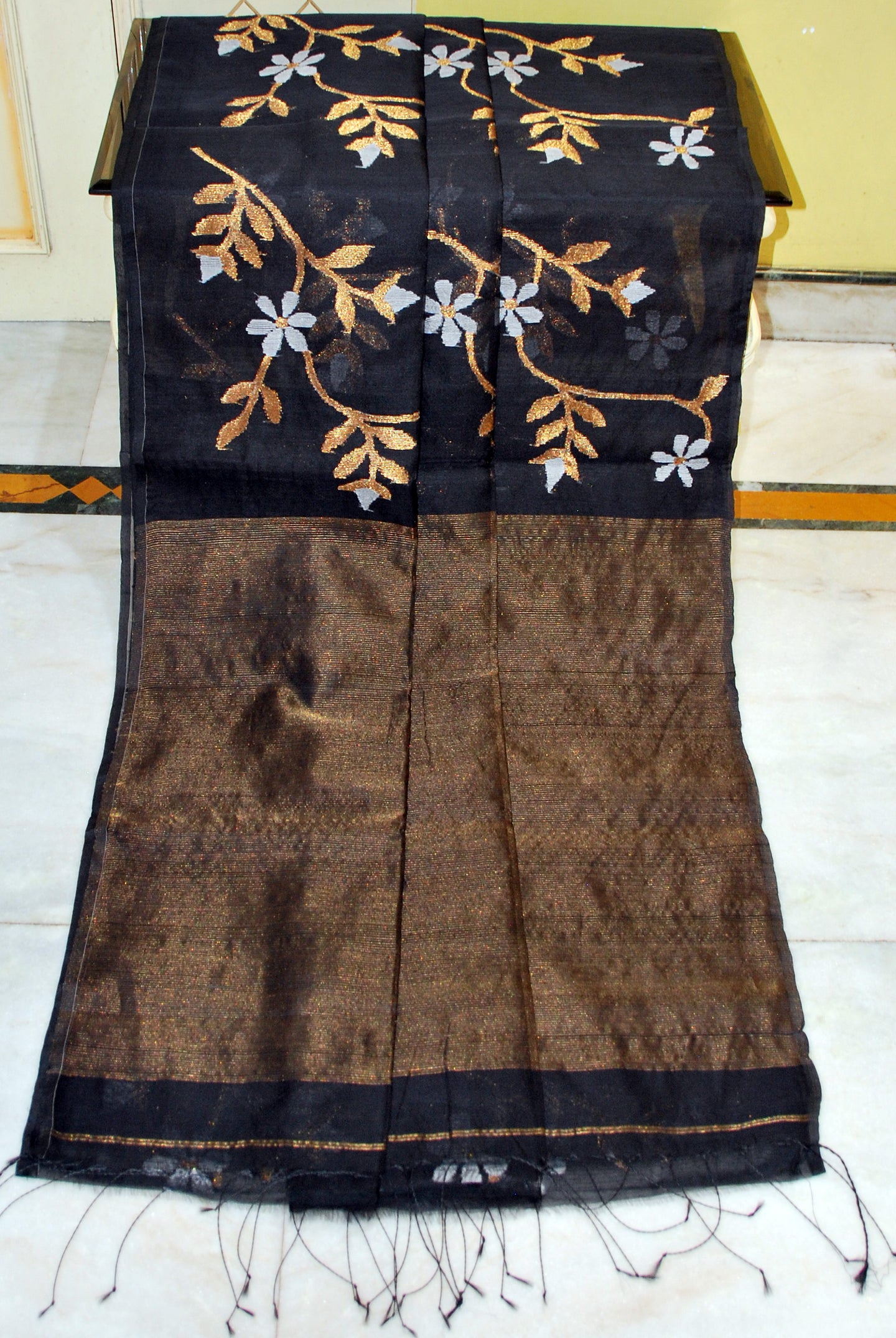 Premium Poth Muslin Silk Jamdani Saree with Jaal Floral Work in Black, Off White and Golden