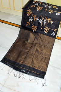 Premium Poth Muslin Silk Jamdani Saree with Jaal Floral Work in Black, Off White and Golden