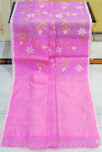 Premium Poth Muslin Silk Jamdani Saree with Jaal Floral Work in Cotton Pink, Off White and Golden