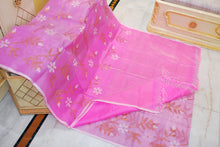 Premium Poth Muslin Silk Jamdani Saree with Jaal Floral Work in Cotton Pink, Off White and Golden