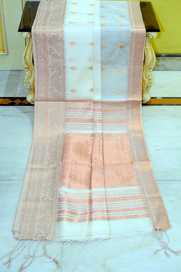Soft Muslin Silk Banarasi Saree in Off White and Golden