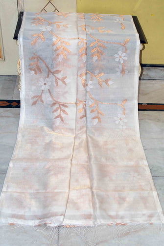 Premium Poth Muslin Silk Jamdani Saree with Jaal Floral Work in Off White, White and Golden