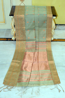 Soft Muslin Silk Banarasi Saree in Asparagus Green, Copper and Amtique Golden