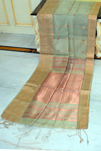 Soft Muslin Silk Banarasi Saree in Asparagus Green, Copper and Amtique Golden