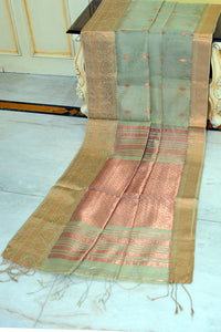 Soft Muslin Silk Banarasi Saree in Asparagus Green, Copper and Amtique Golden