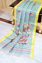 Muniya Woven Motif Silk Muslin Jamdani Saree in Light Teal, Pastel Yellow and Multicolored Thread Work