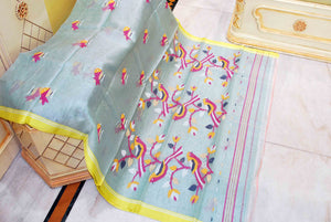 Muniya Woven Motif Silk Muslin Jamdani Saree in Light Teal, Pastel Yellow and Multicolored Thread Work