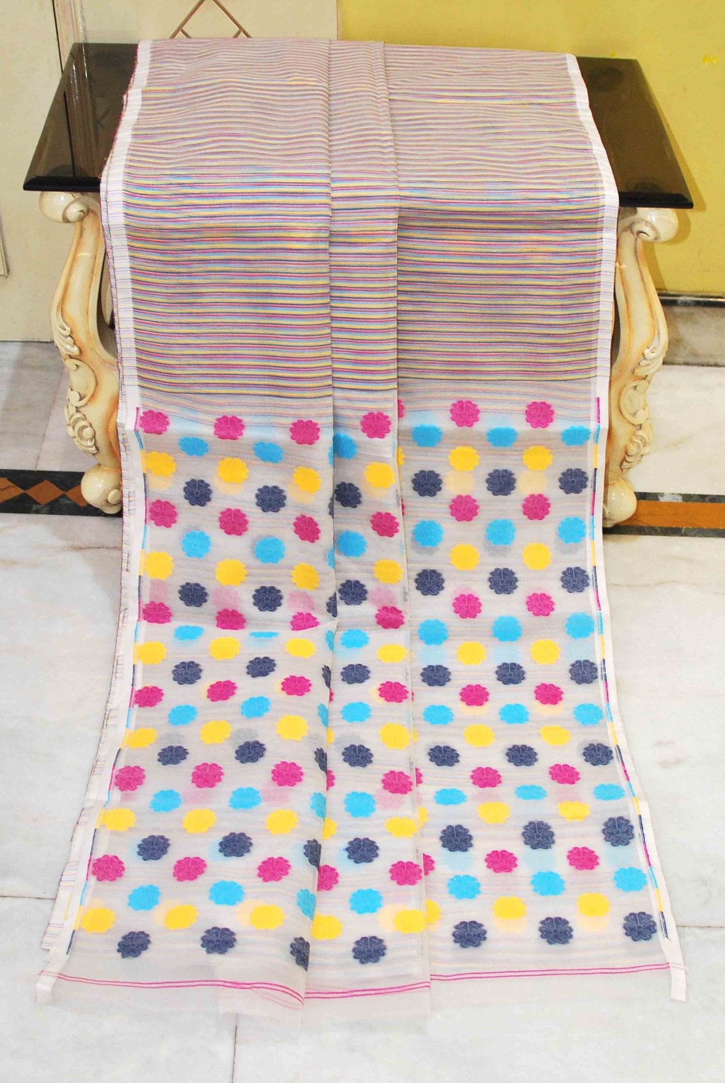 Patli Pallu Nakshi Floral Work & Tri Color Woven Stripes on Spring White Base Resham Jamdani Silk Saree