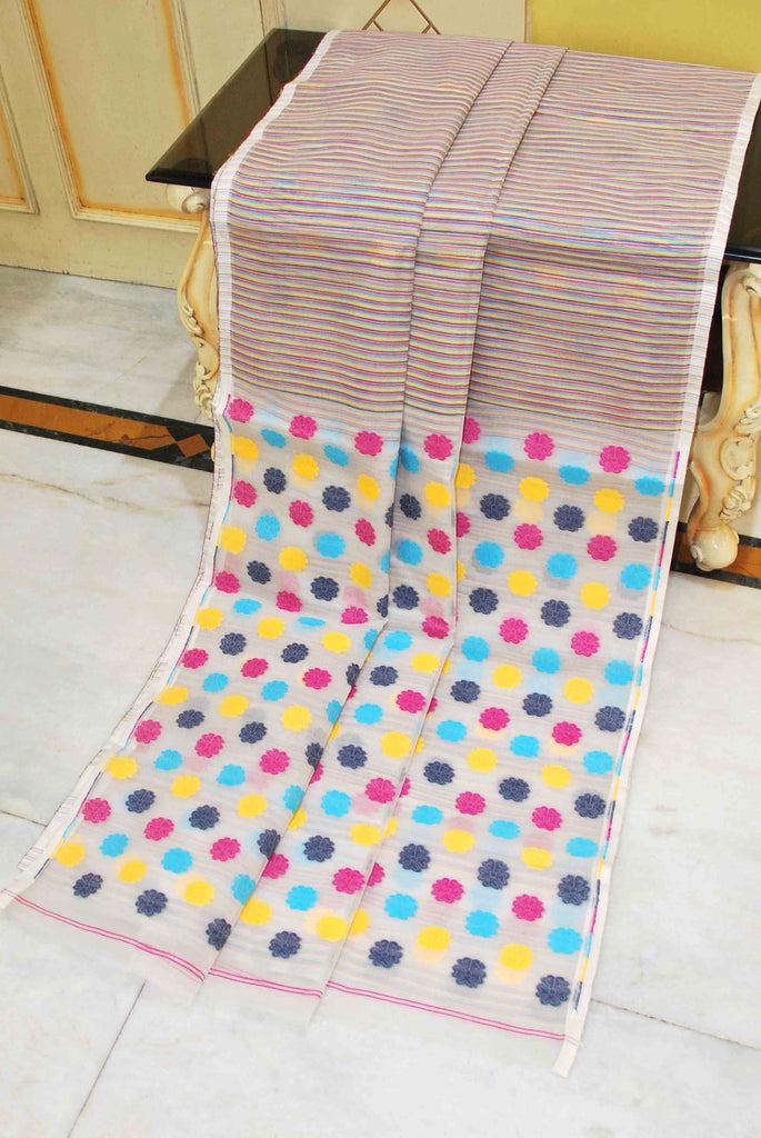 Patli Pallu Nakshi Floral Work & Tri Color Woven Stripes on Spring Whi ...