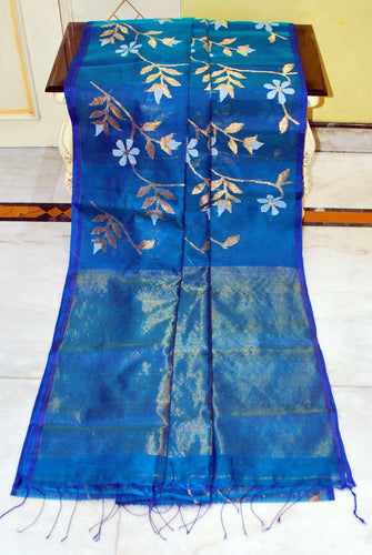 Premium Poth Muslin Silk Jamdani Saree with Jaal Floral Work in Peacock Blue, Off White and Golden