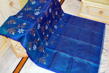 Premium Poth Muslin Silk Jamdani Saree with Jaal Floral Work in Peacock Blue, Off White and Golden