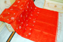 Premium Poth Muslin Silk Jamdani Saree with Jaal Floral Work in Bright Orange, Off White and Golden