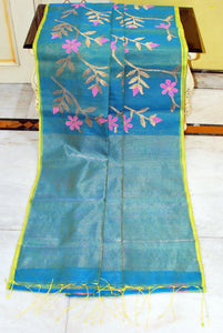 Premium Poth Muslin Silk Jamdani Saree with Jaal Floral Work in Tiffany Blue, Taffy Pink, Lemon Yellow  and Golden