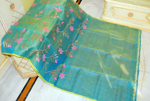 Premium Poth Muslin Silk Jamdani Saree with Jaal Floral Work in Tiffany Blue, Taffy Pink, Lemon Yellow  and Golden