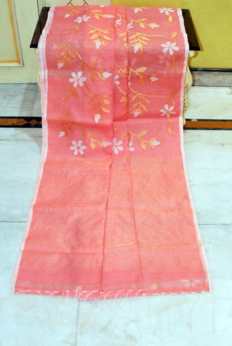 Premium Poth Muslin Silk Jamdani Saree with Jaal Floral Work in Candlelight Peach, Off White and Golden