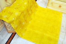 Premium Poth Muslin Silk Jamdani Saree with Jaal Floral Work in Yellow, Off White and Golden