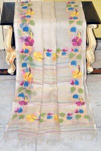 Premium Quality Multi Minakari Woven Nakshi Work Silk Jamdani Saree in Antique White and Multicolored