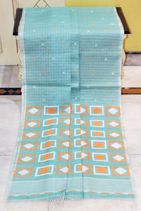 Premium Quality Woven Sholapuri Work Self Micro Checks Muslin Silk Saree in Ice Green, Mustard Golden and White