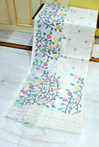 Premium Quality Hand Woven Skirt Border Nakshi Work Muslin Silk Dhakai Jamdani Saree in White, Black and Multicolored Minakari Thread Work
