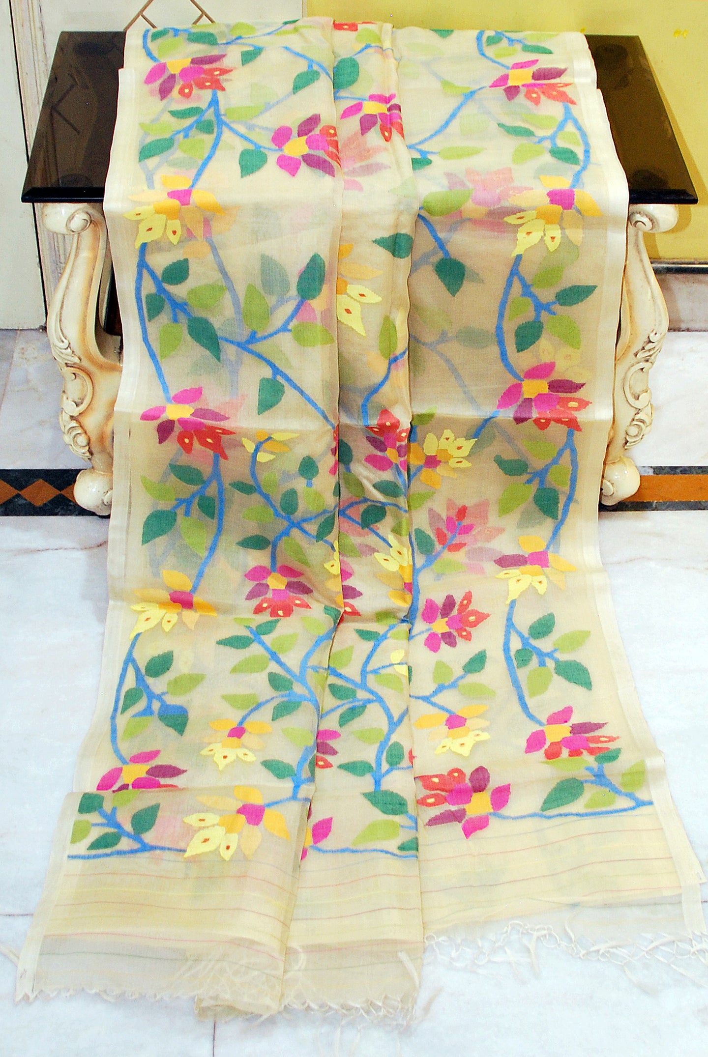 Premium Quality Jangla Jaal Lotus Motif Work Muslin Silk Dhakai Jamdani in Lemon Chiffon, Blue and Multicolored Thread Work