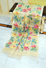 Premium Quality Jangla Jaal Lotus Motif Work Muslin Silk Dhakai Jamdani in Lemon Chiffon, Blue and Multicolored Thread Work