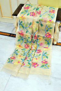 Premium Quality Jangla Jaal Lotus Motif Work Muslin Silk Dhakai Jamdani in Lemon Chiffon, Blue and Multicolored Thread Work